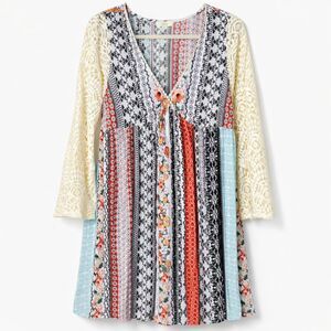 KORI AMERICA MIXED PATTERN BOHO WESTERN FOLK FREE SPIRIT LACE BELL SLEEVE DRESS